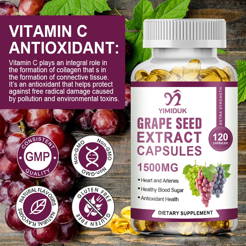 Premium Grape Seed Extract Supplement, with Vitamin C, Support Skin Elasticity, Improves Circulation, Promotes Brain Health