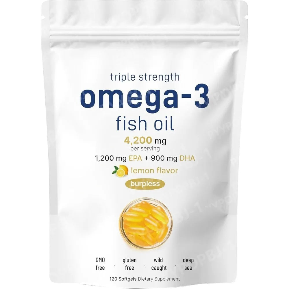 Triple Strength Omega 3 Fish Oil Supplements 4200mg Per Serving 120 Softgels Lemon Flavored Burpless EPA