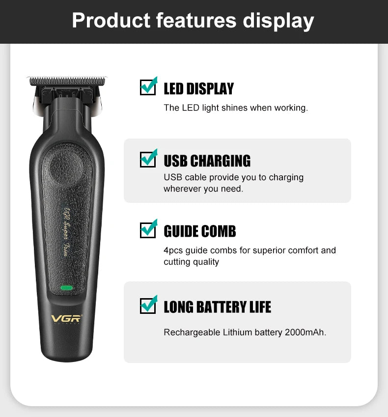 VGR V-197&995 high-end hair clipper two-piece set, metal leather body, electric push shear, LED digital display, oil head carvin