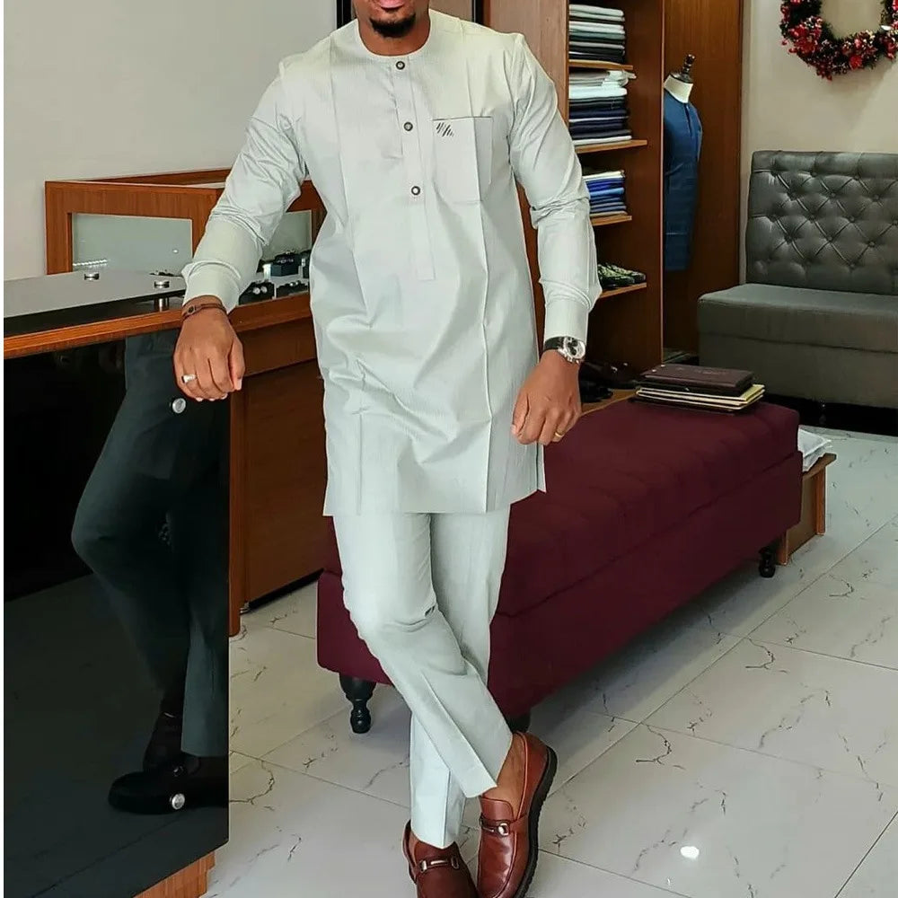 African traditional dress men's suit Long sleeve ethnic style printed patchwork shirt casual pants 2 piece holiday casual suit
