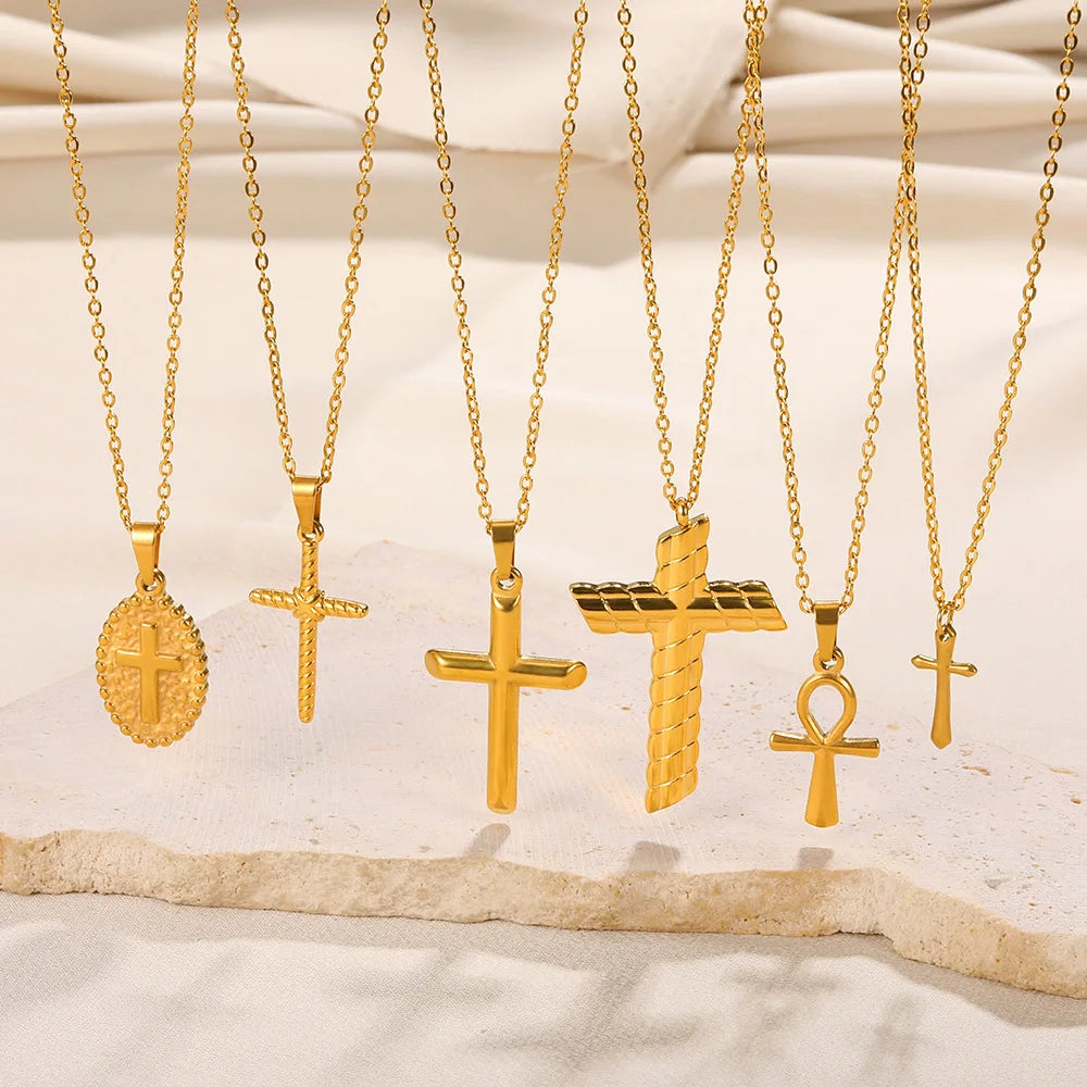 Cross Necklace For Women Classic Cross Collar Gold Color Egyptian Nile Ankh Choker Stainless Steel Chain Aesthetic Jewelry Gift