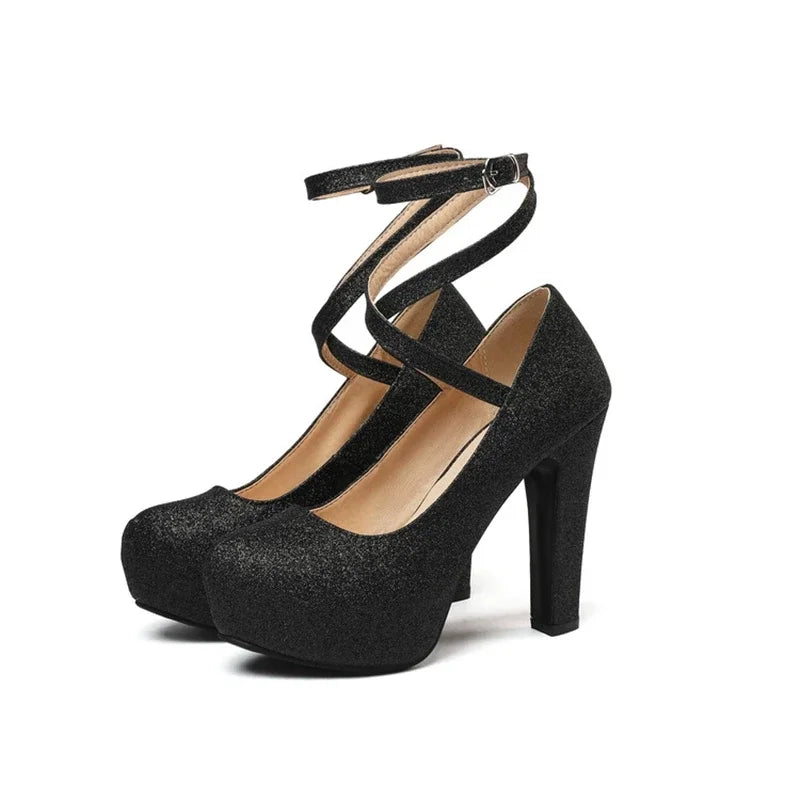 Women Shoes Sexy Fashion Round Toe High Heels  Ankle Strap Dress Dance Party Wedding Bride Platform Shoes Big Size 49 50 33-43