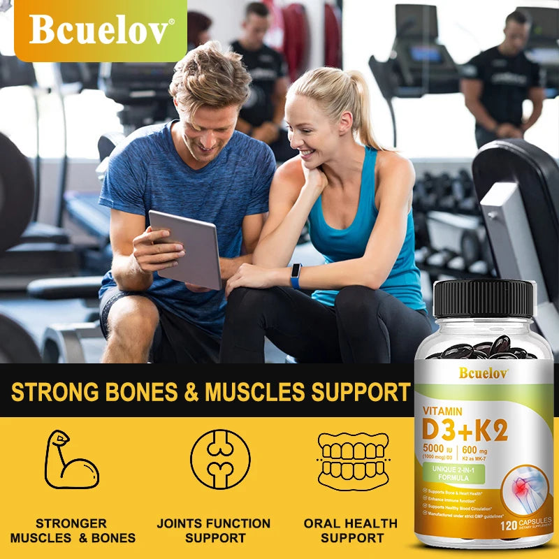 Bcuelov Vitamin D3+K2, 5000 IU Vitamin D3, non-GMO formula, easy-to-swallow vitamin D and K complex dietary supplement