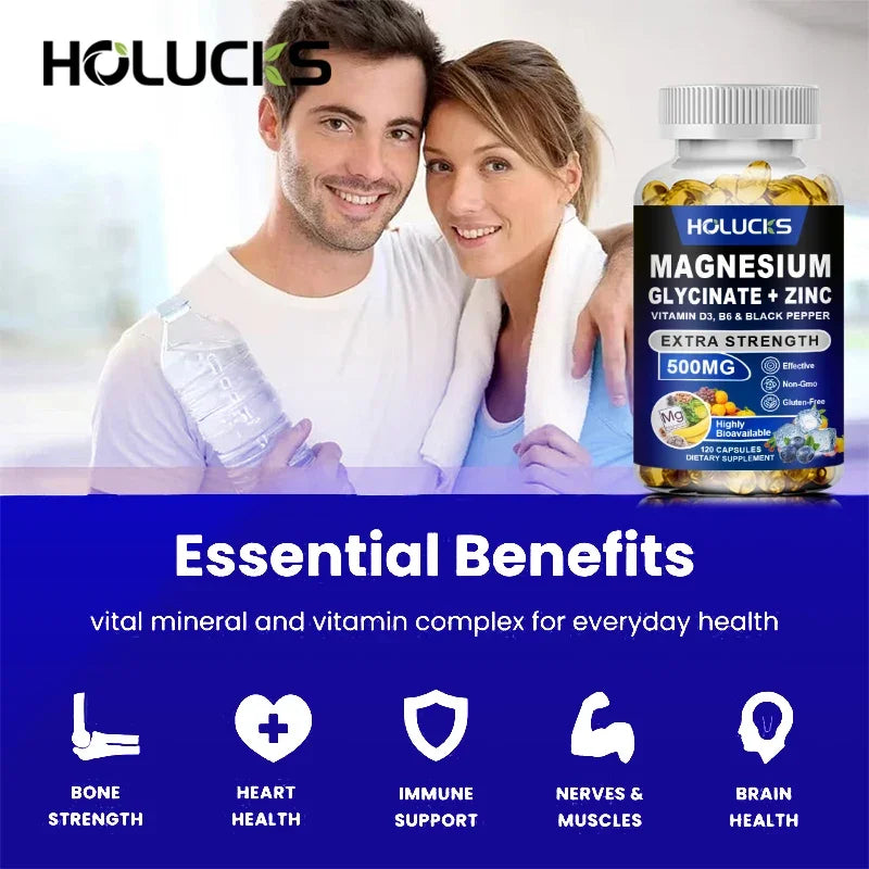 Magnesium Glycinate & Zinc 500mg - Chelated Supplement  - with Vitamin D3 & B6 - Support for Sleep, Muscle & Heart Health