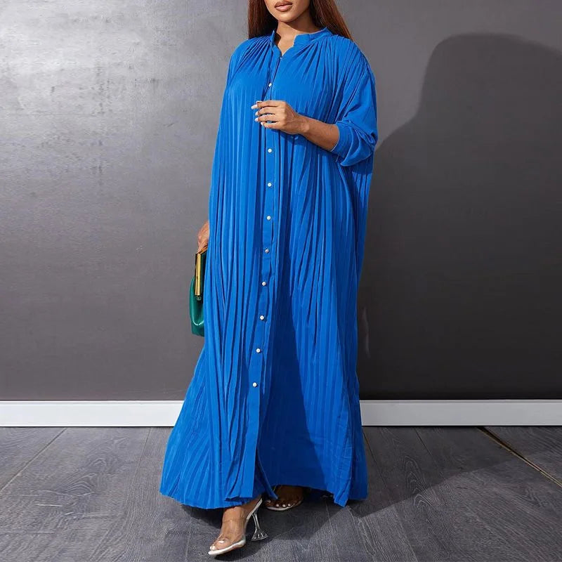 Women Eid Muslim Dresses Stand Collar Single Breasted Dubai Arab Vestidos Ramadan Casual Loose Kaftan Dress Solid Pleated