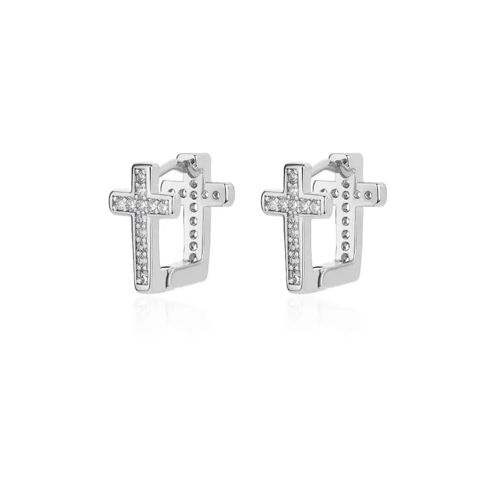 CZ Zircon Cross Hoop Earrings For Women Stainless Steel Hip Hop Punk Small Geometric Round Earrings Religion Jewelry Gift