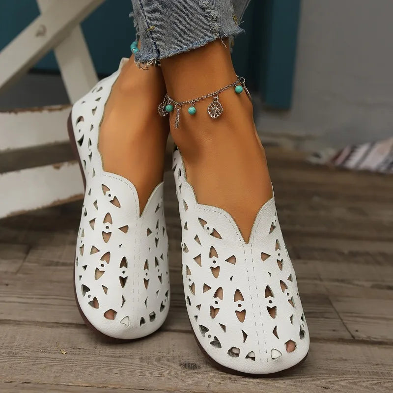 2025 Women Flat Shoes Genuine Leather Woman Pointed Toe Flats Summer Lady Hollow Out Loafers Women Shoes Sandals