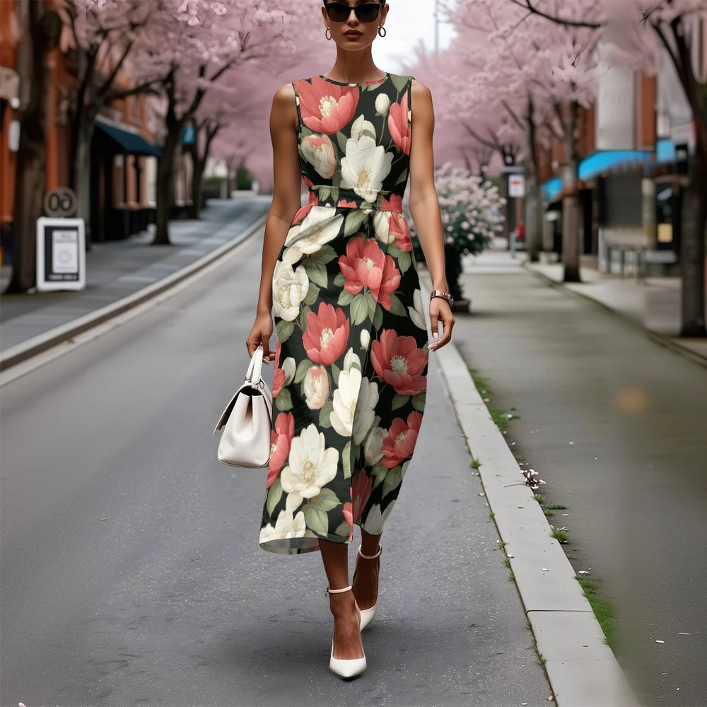 Elegant Floral Dress for Women Breathable A-Line Sleeveless Dress Chic Blue & White with Pink Blooms Office To Vacation Dress