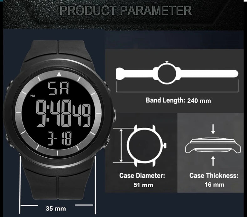 Digital Watches for Men Black Waterproof Tactical Wristwatch Big Dial Waterproof Electronic Led Military Clocks Alarm Stopwatch