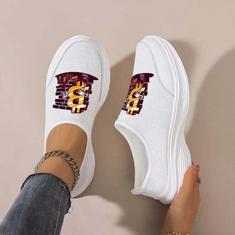 Women's Black Slip-On Casual Shoes: Platform Sole, Breathable Mesh, Trendy Print. Perfect for Shopping, Commuting & Dates.