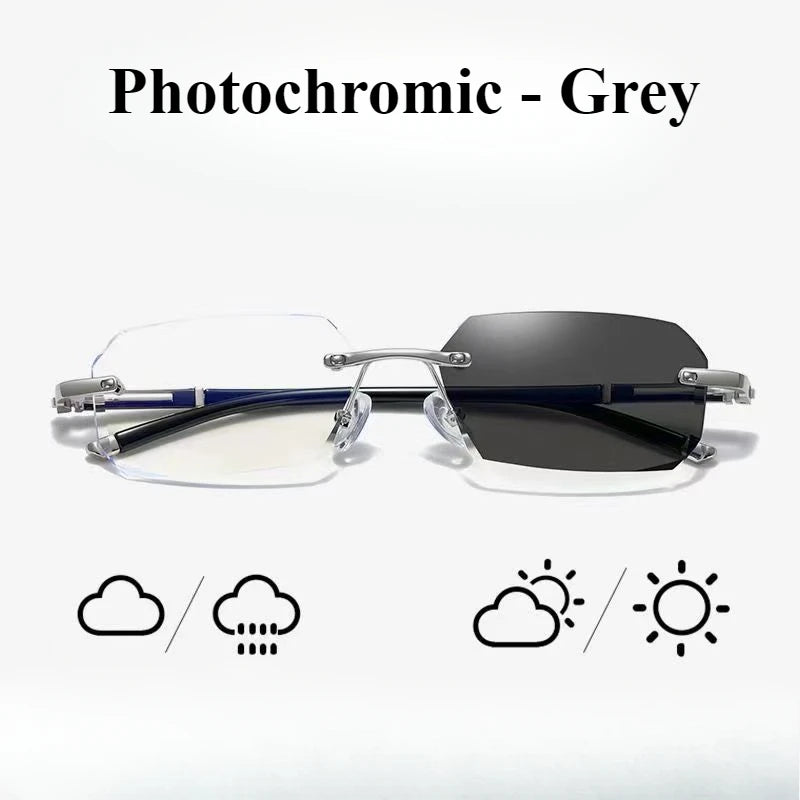 Myopia Glasses Frameless HD Optional Photochromic Glasses Anti Blue  Men's Anti Fatigue Clear Glasses