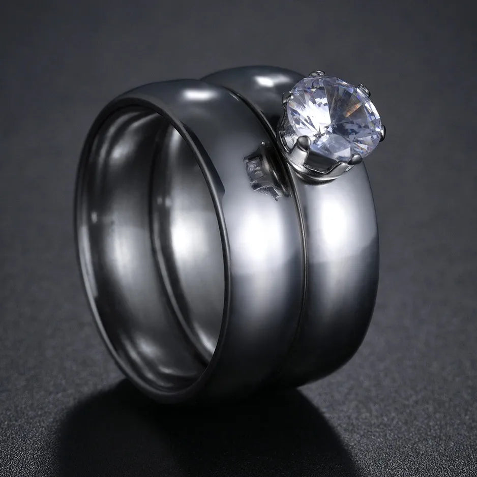 Couple Rings - Women Exquisite Rhinestones Zirconia Rings Set Simple Stainless Steel Men Ring Fashion Jewelry For Lover Gifts