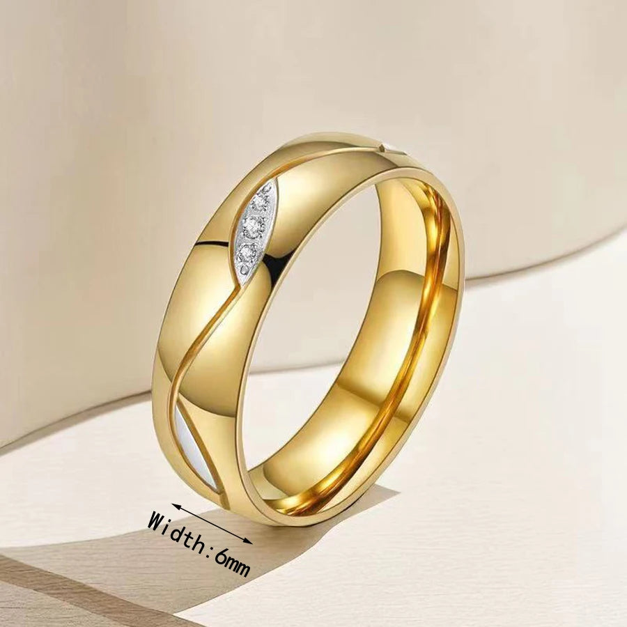 1Piece Gold Tone Silver Plated Stainless Steel Titanium Ring Cubic Zircon Rhinestone Couple Engagement Wedding Jewelry Men Women