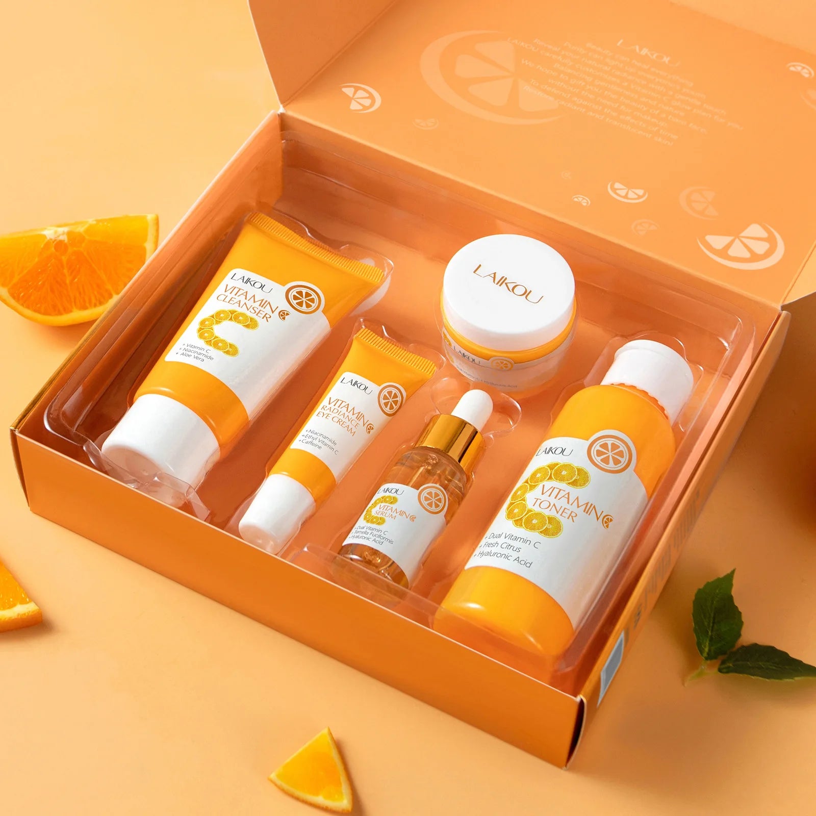 Facial Brightening Vitamin C Skincare 5pcs Set Essence Cream Serum Cleanser Toner Eye Moisturizer Care