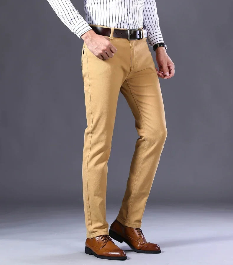 Men's Jeans Pure White Fashion Elastic Slim Youth Slimming Straight Leg Male Pants Business Casual Middle Age High End Trousers