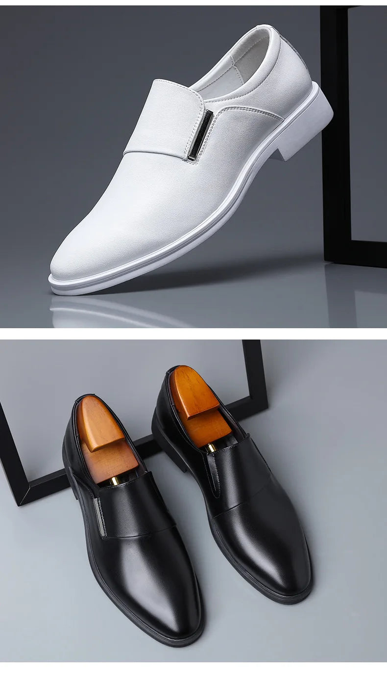 2025 New Men's Elevating Dress Shoes British Style Pointed-Toe Cowhide Leather Soft White Oxfords Formal Business Footwear