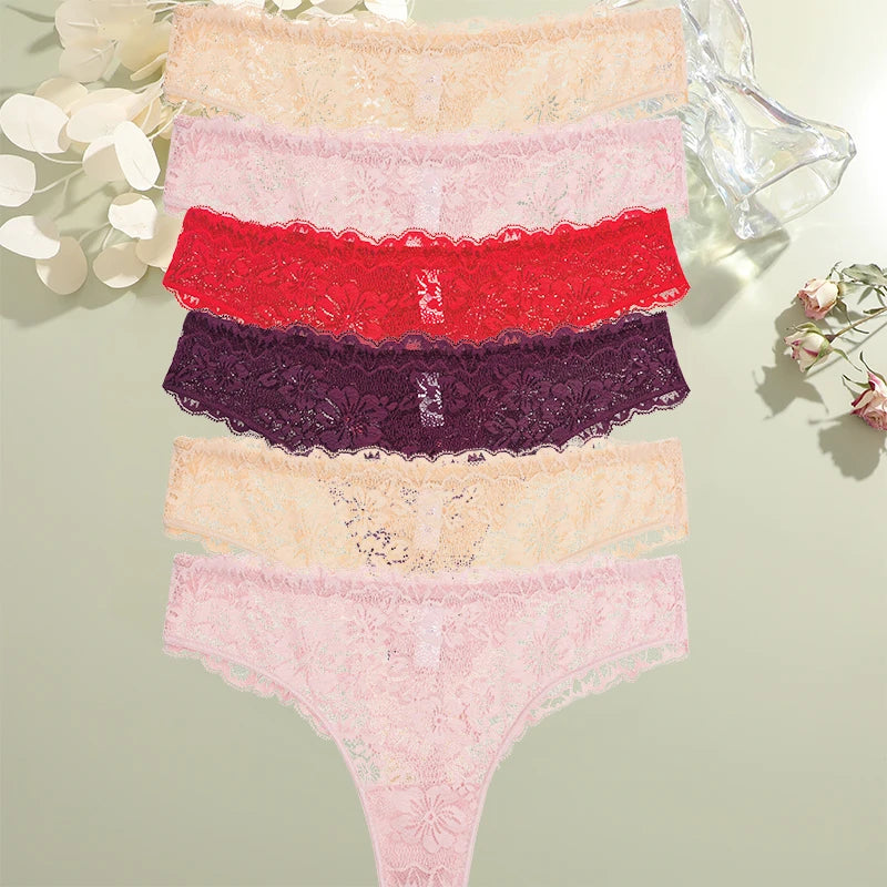 FINETOO 6Pcs/Set Perspective Lace Panties Hollow Out Low-waist Underwear Thongs Female Underpants Breathable Lingerie Intimates