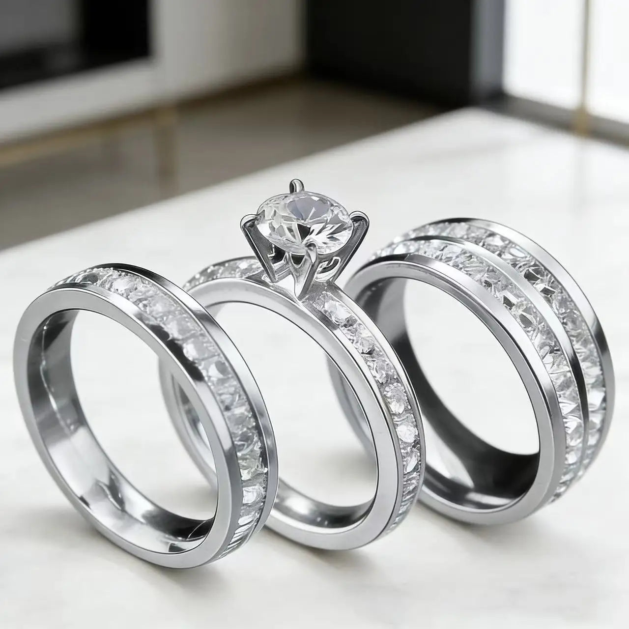 3PCS Set Gold Plated Zirconia (CZ)  Wedding Engagement Band Stainless Steel Ring For Women Classic Jewelry Accessories Gift