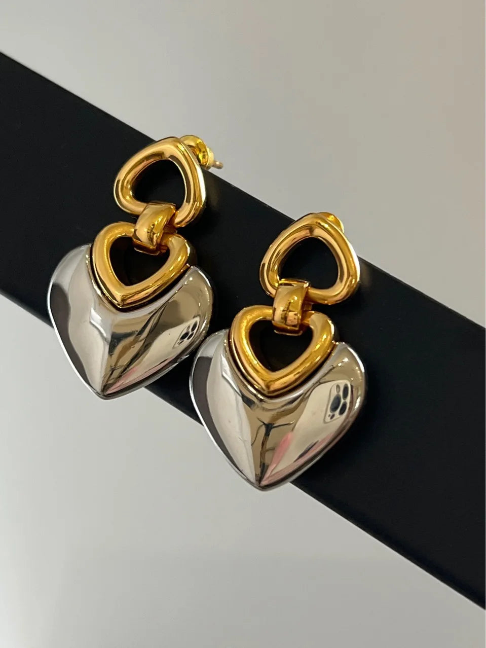 Brass Chunky 2 Tone Heart Drop Earrings Women Jewelry Punk Party T Show Gown Runway Korean Japan INS