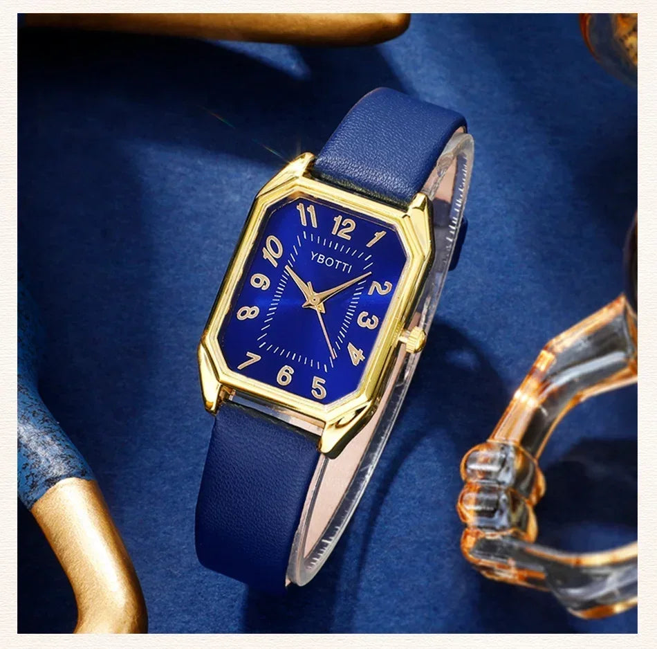 Luxury Fashion Square Women's Watches Brand Ladies Quartz Wristwatch Classic Simple Femme Blue Leather Band Relogio Feminino