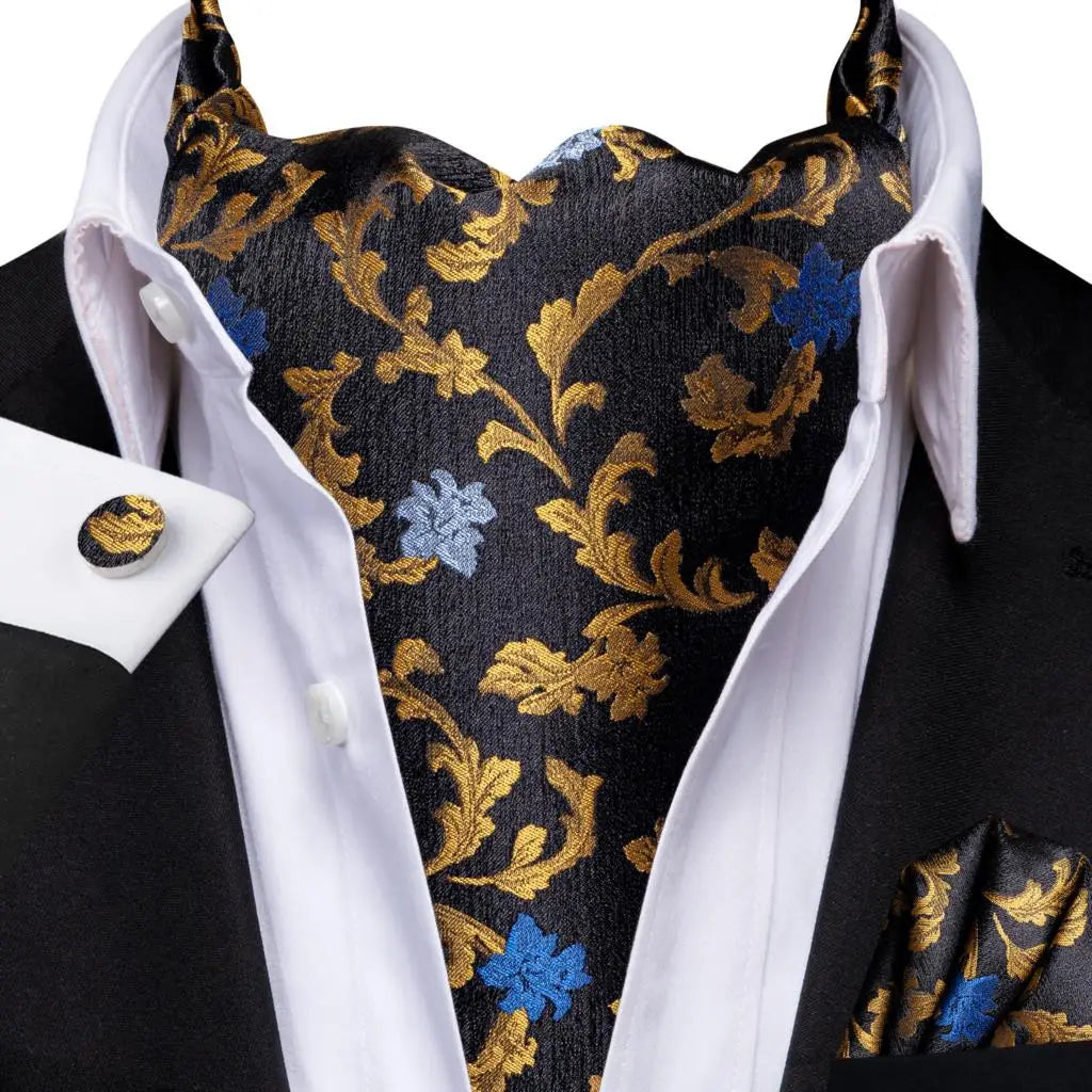 Hi-Tie Mens Ascot Black Pink Blue Red Gold Green Purple White Cravat Tie Hanky Cufflinks for Male Wedding Business Prom