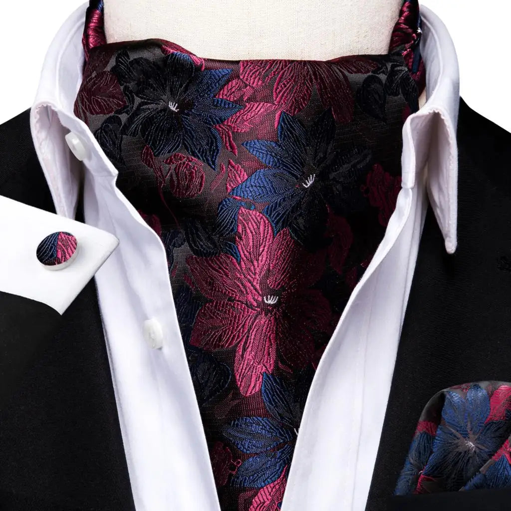 Hi-Tie Mens Ascot Black Pink Blue Red Gold Green Purple White Cravat Tie Hanky Cufflinks for Male Wedding Business Prom