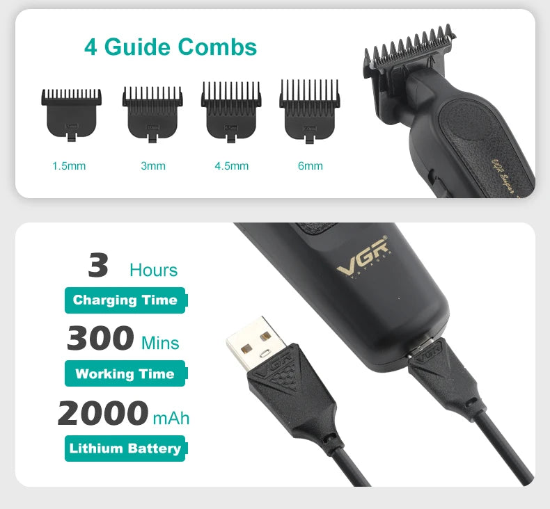 VGR V-197&995 high-end hair clipper two-piece set, metal leather body, electric push shear, LED digital display, oil head carvin