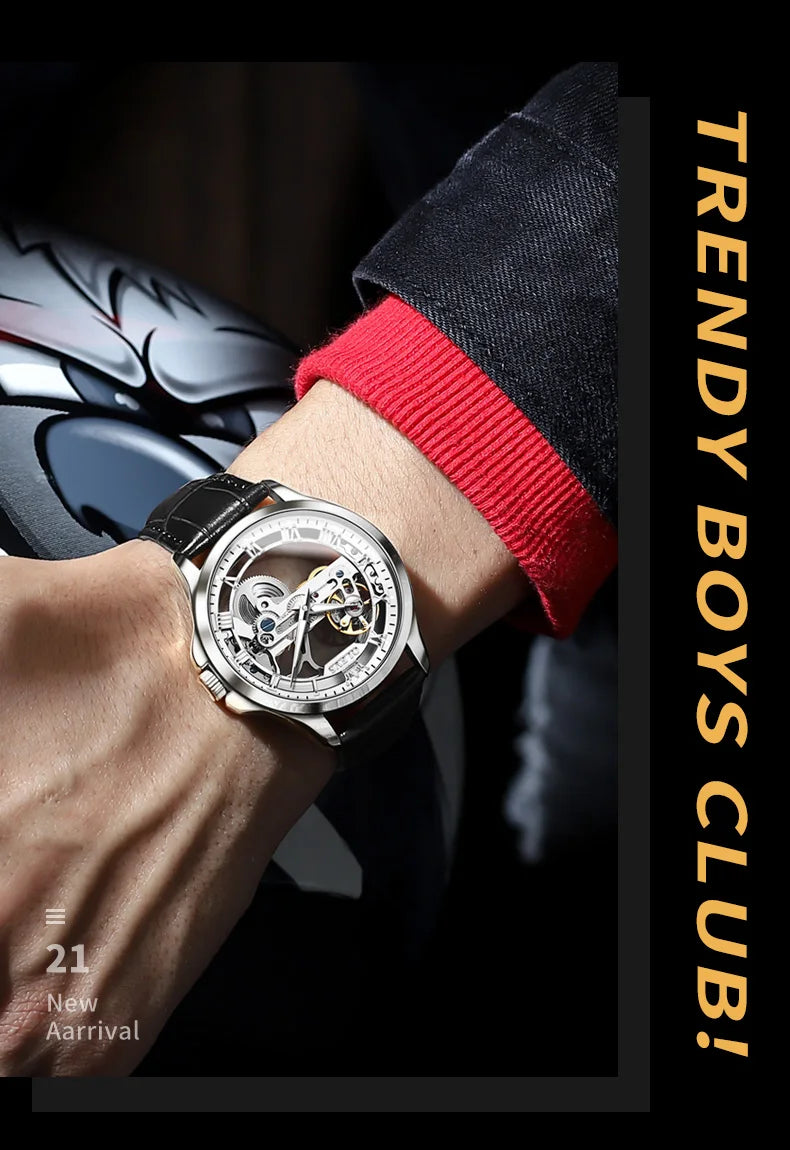 OLEVS 6661 Top Brand Men's Watches Fashion Hollow Flywheel Automatic Mechanical Wristwatch Waterproof Luminous Leather Strap