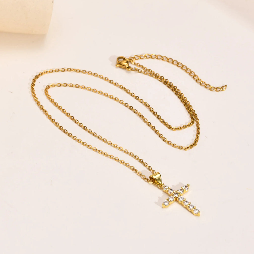 Minimalist Simple Cubic Zirconia Cross Pendant Neckalce for Women,  CZ Crucifix Neclace, 316L Stainless Steel Not Fade