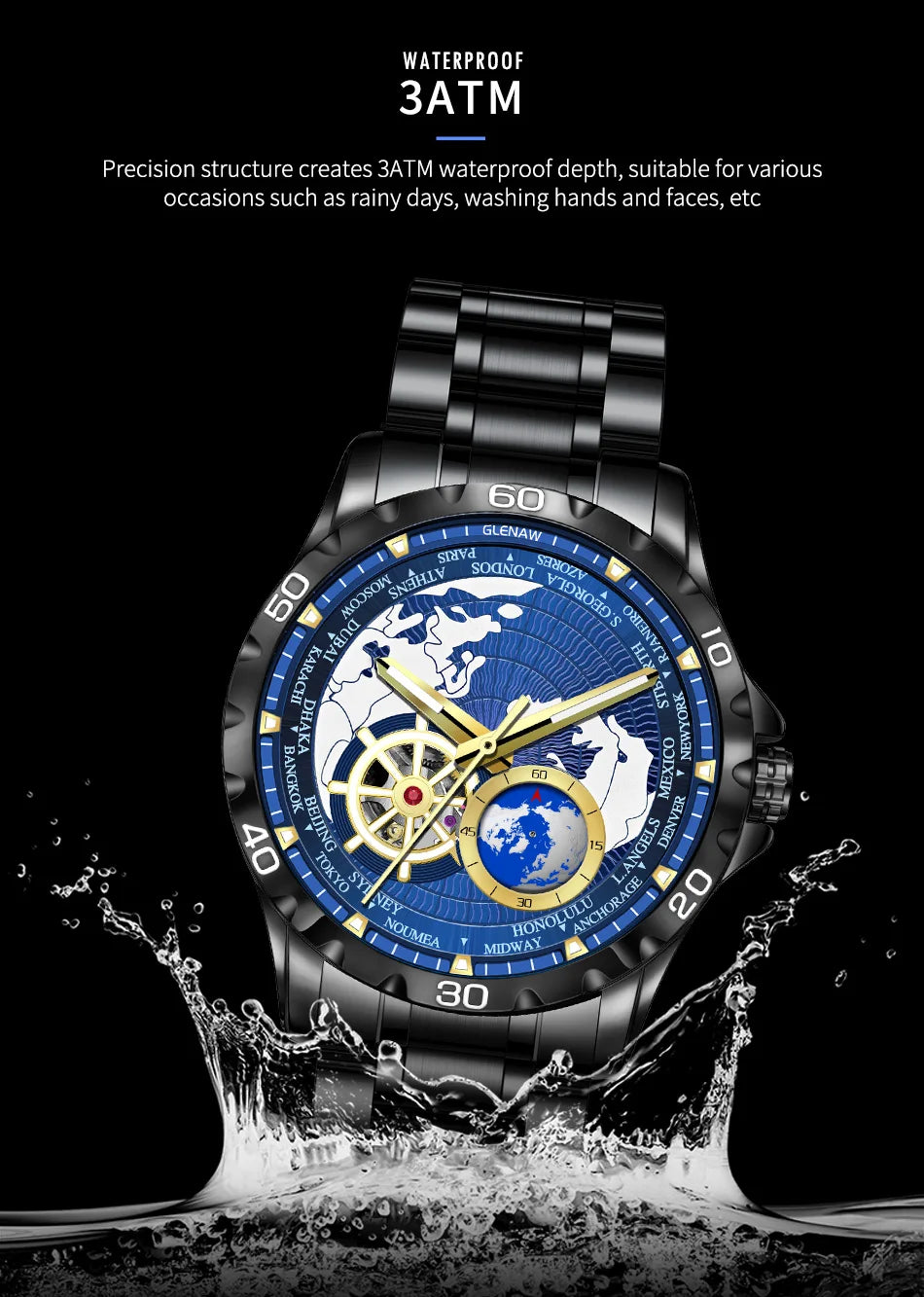 2025 New GLENAW Earth Series Mechanical Watch Men Rotating Earth Dial Night Light Waterproof Top Luxury Design Mechanical Watch