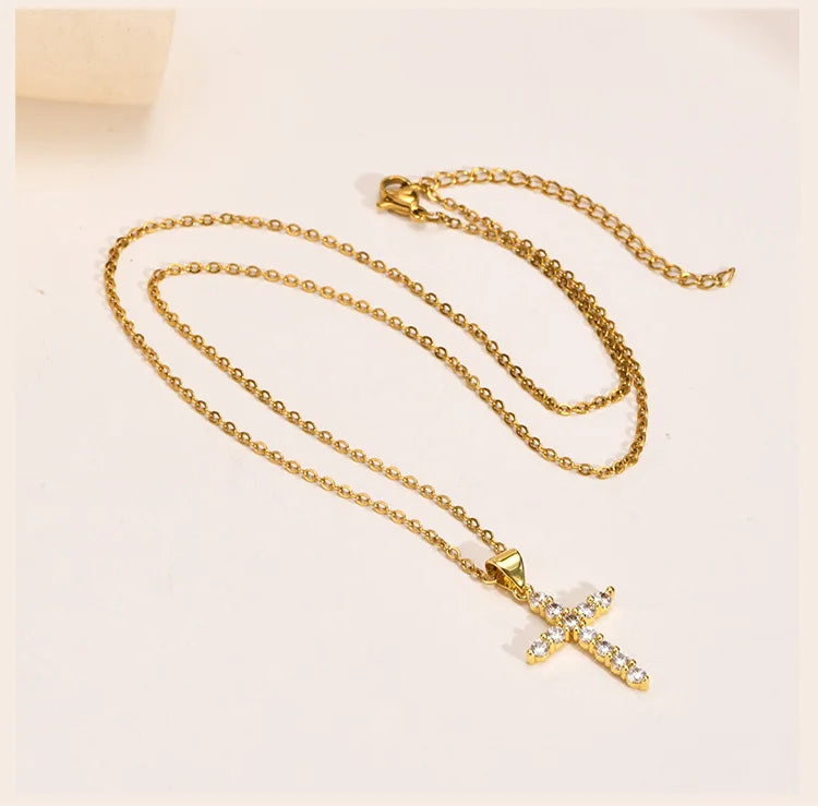 Minimalist Simple Cubic Zirconia Cross Pendant Neckalce for Women,  CZ Crucifix Neclace, 316L Stainless Steel Not Fade