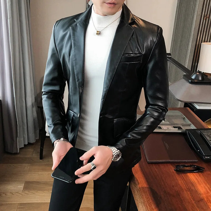 Men Casual Black White Suit Leather Jacket /Men Solid Color Business Suit Collar PU Blazers Dress Coat Fashion /New Men Clothing