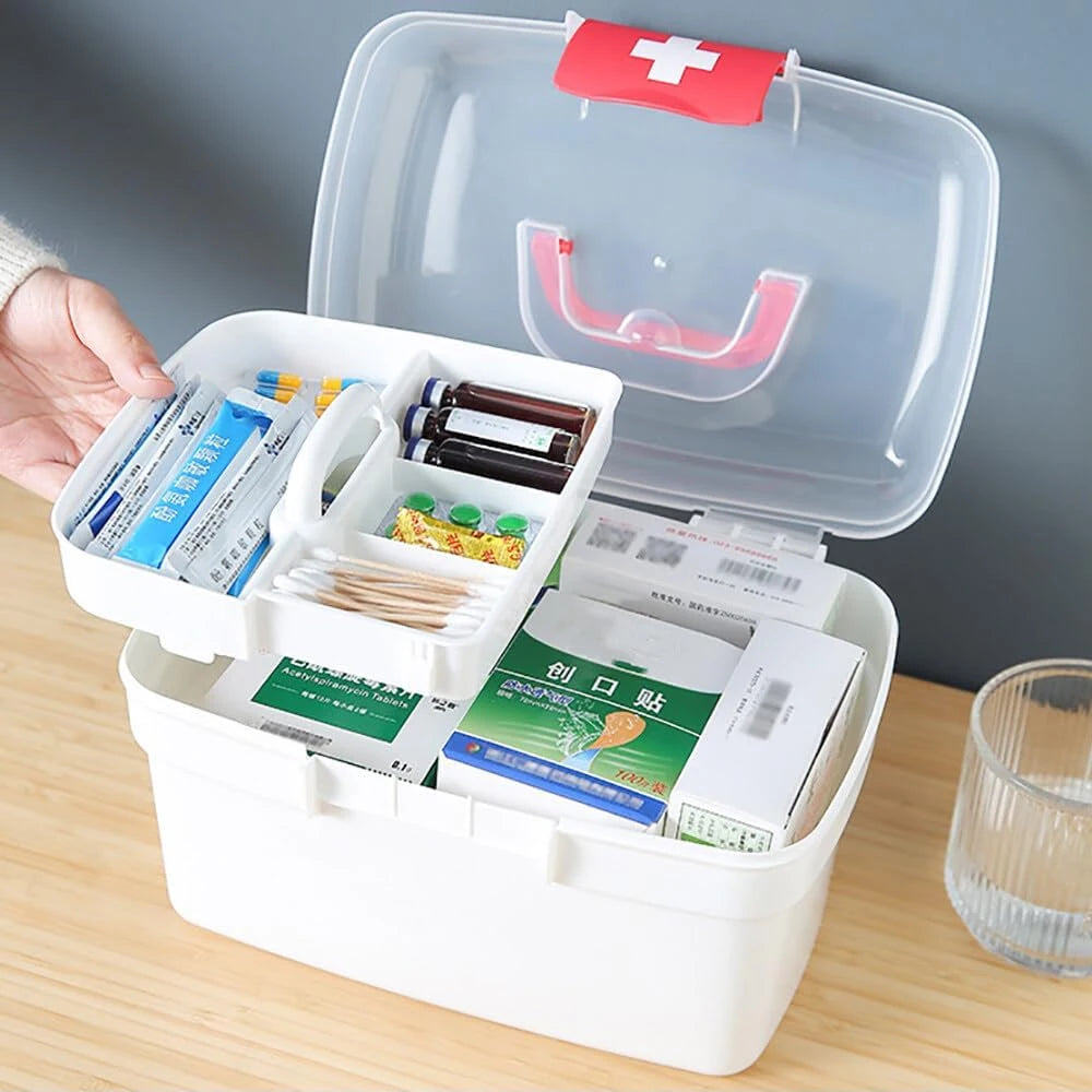 1PCS 2-Tier Medicine Organizer - Portable Medicine Cabinet with Handle, Empty First Aid Kit for Home