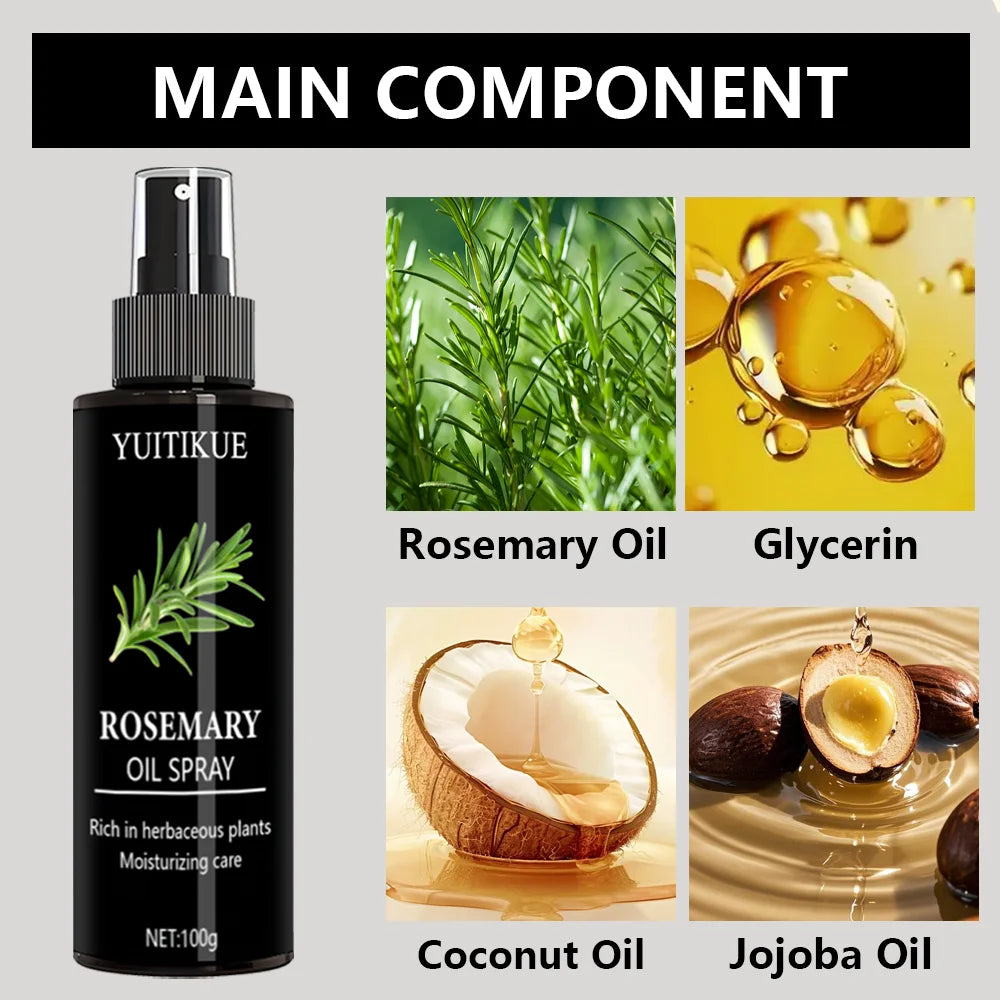 Rosemary hair oil spray, repairs hair damage, prevents hair loss, promotes hair growth, combats dry scalp, and increases shine.