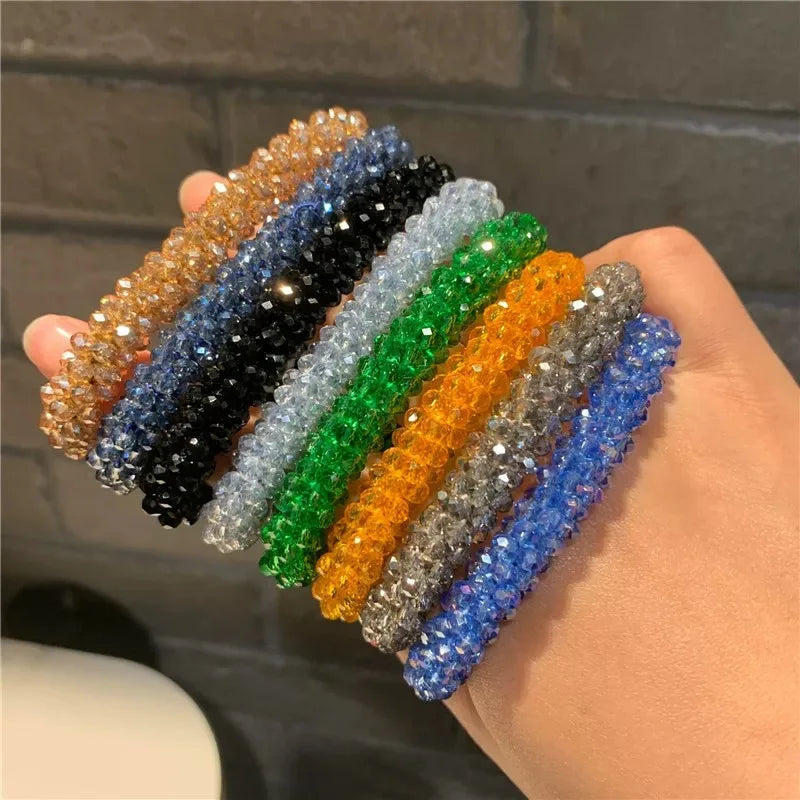 Crystal Beads Hair Ties for Women Vintage Ponytail Scrunchies Elastic Hair Bands Glass Beaded Rubber Hair Rope Accessories