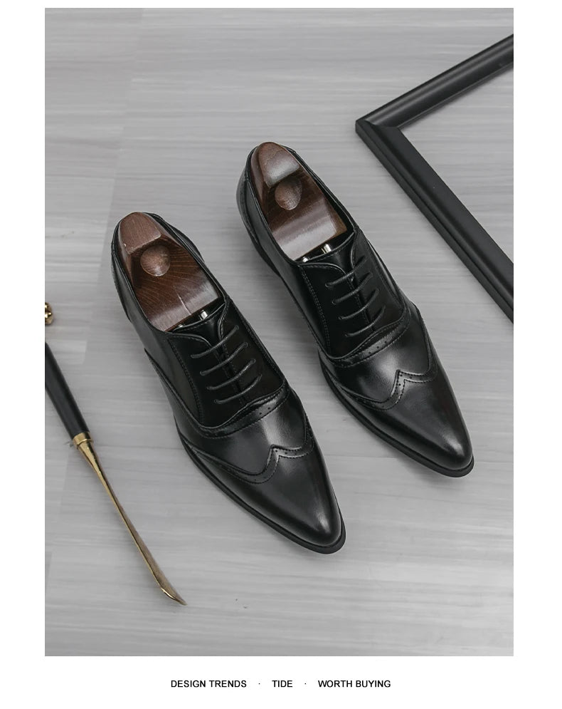 Men's High Heel Business Leather Shoes Mens Pointed Toe Dress Office Flats Men Fashion Wedding Party Oxfords Plus Size 38-46