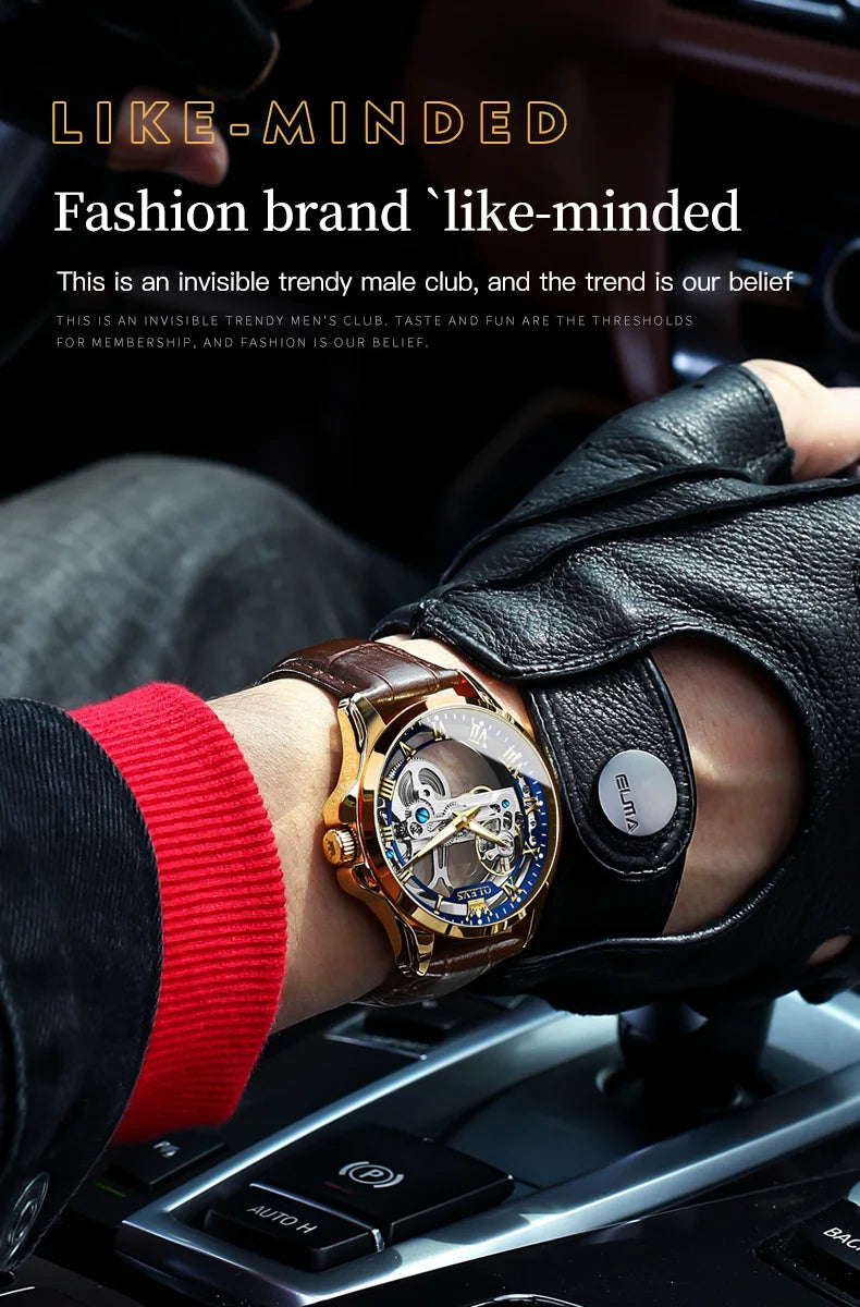 OLEVS 6661 Top Brand Men's Watches Fashion Hollow Flywheel Automatic Mechanical Wristwatch Waterproof Luminous Leather Strap