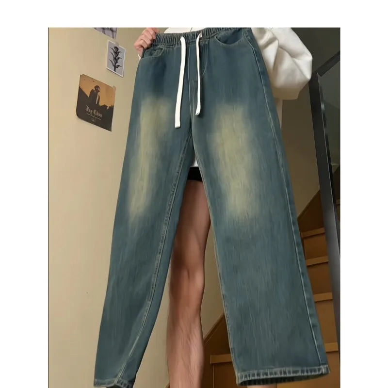 Mens Jeans Man Pants Vintage American Washed Distressed Loose Fit Casual Denim Trousers For Men