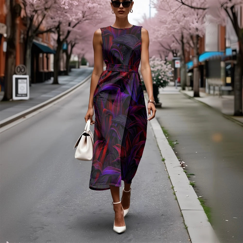 Elegant Floral Dress for Women Breathable A-Line Sleeveless Dress Chic Blue & White with Pink Blooms Office To Vacation Dress