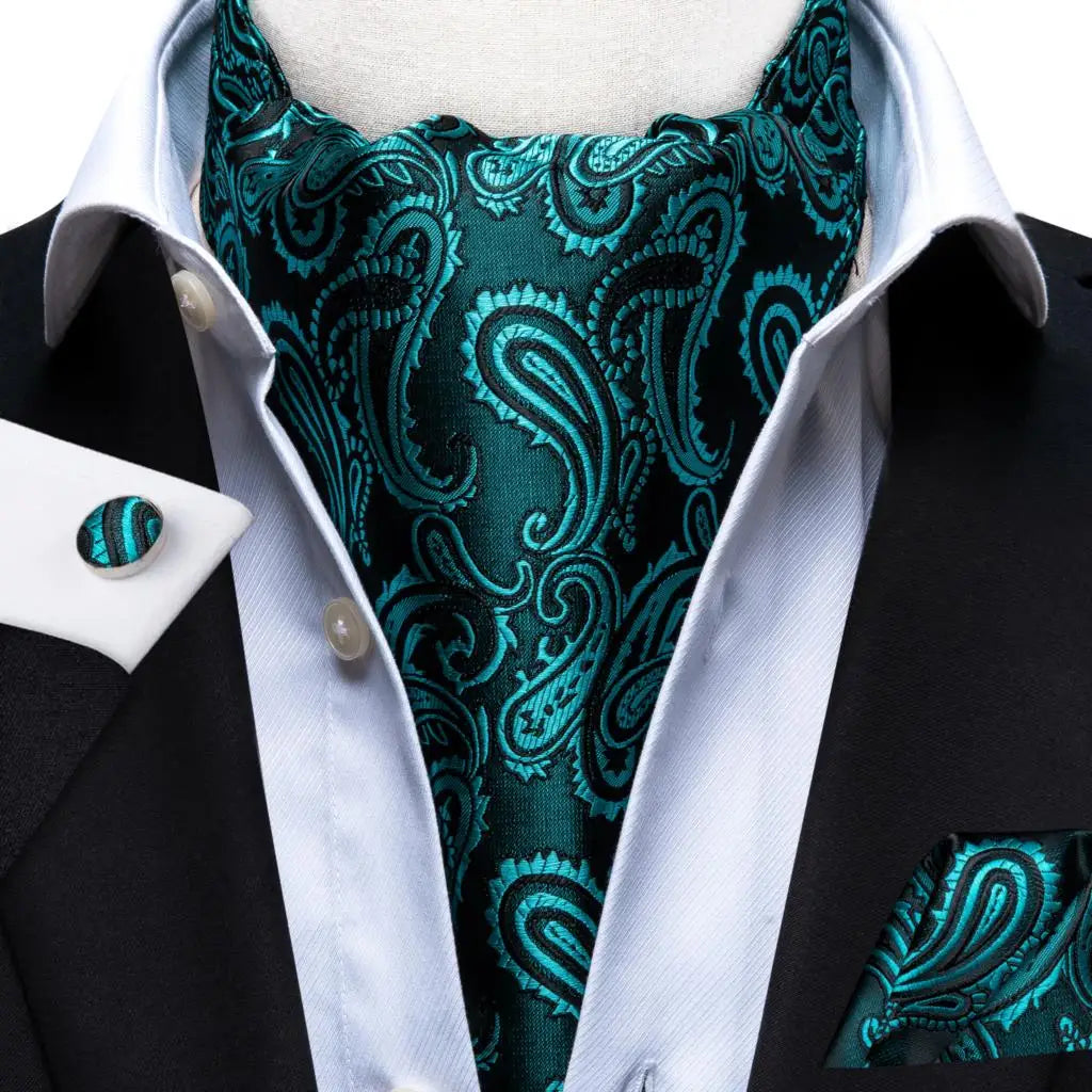 Hi-Tie Mens Ascot Black Pink Blue Red Gold Green Purple White Cravat Tie Hanky Cufflinks for Male Wedding Business Prom