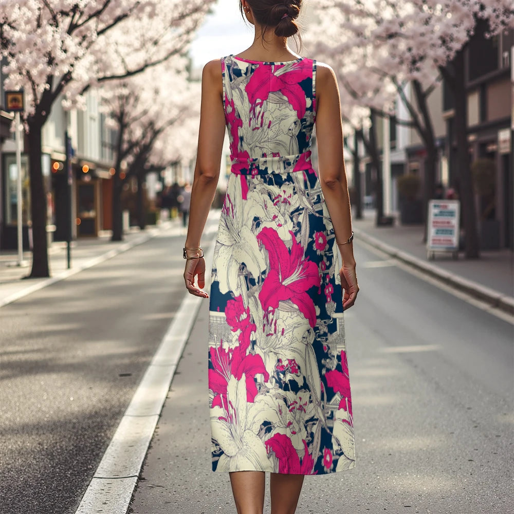 Elegant Floral Dress for Women Breathable A-Line Sleeveless Dress Chic Blue & White with Pink Blooms Office To Vacation Dress