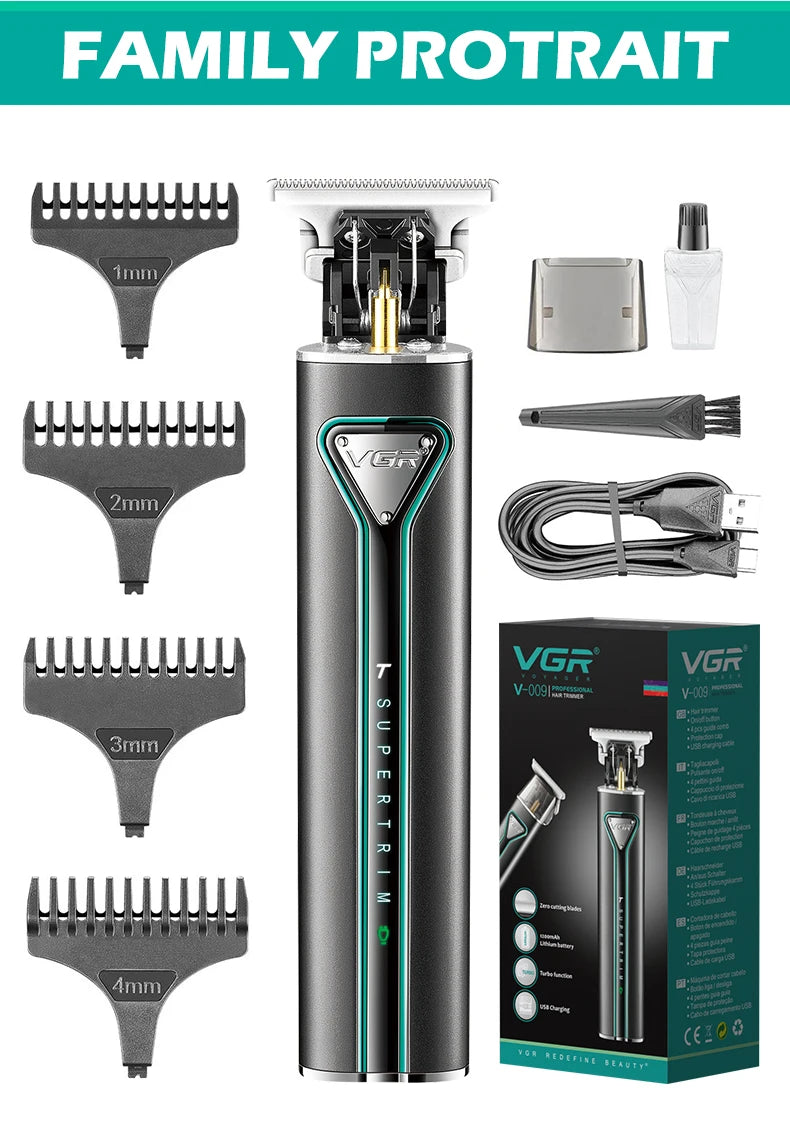 VGR Hair Clipper T9 Hair Trimmer Professional Hair Cutting Machine Metal Wireless Electric Rechargeable Clippers for Men V-009