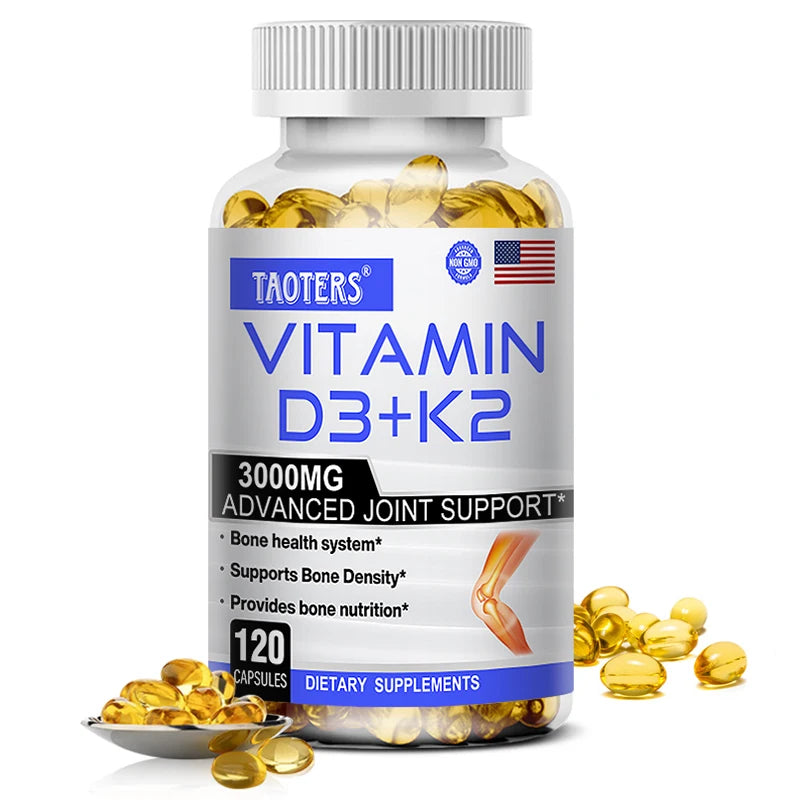 Vitamin D3+K2 Capsules - Helps Regulate Calcium Metabolism and Supports Teeth, Bones, Heart Health, Joint Health, and Immunity