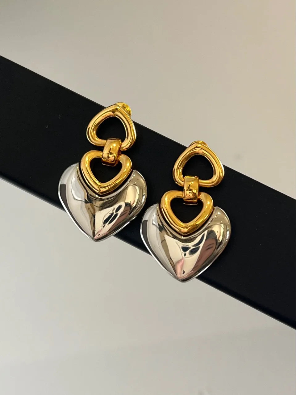 Brass Chunky 2 Tone Heart Drop Earrings Women Jewelry Punk Party T Show Gown Runway Korean Japan INS
