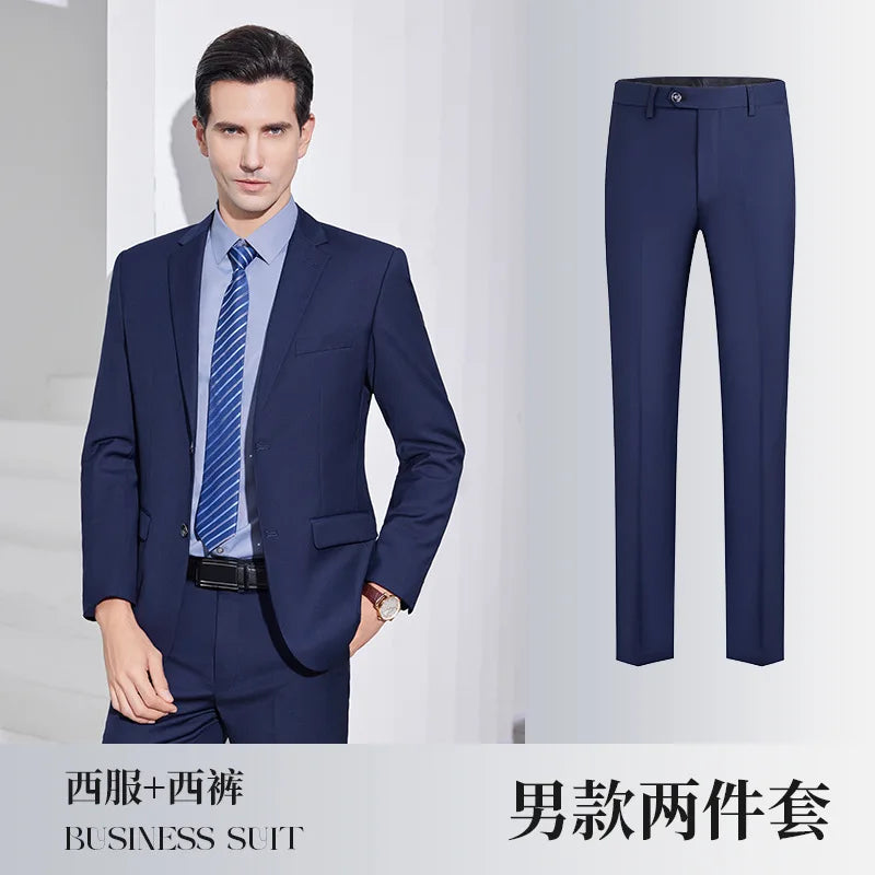 Men's Formal Business Suit Set Black Grey Blue Blazer Pants 2 Piece Work Wear For Office Sales Property 4S Store Staff