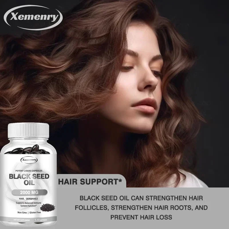 Dietary Supplement, Black Seed Oil Helps Hair Regrowth and Protects Skin and Nails 2000 Mg Supplement