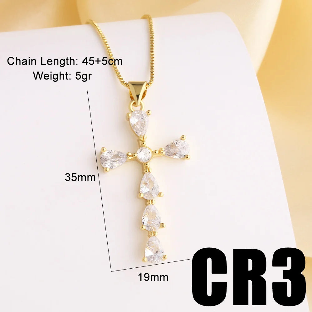 FLOLA New Design Gold Plated Rose Flower Cross Necklaces for Women CZ Crystal Fe Cross Necklaces Catholic Jewelry nkeb489