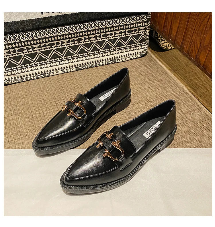 New Women Pointed Toe Leather Casual Shoes British Style Dress Shoes Fashion Cool Slip-on Loafers