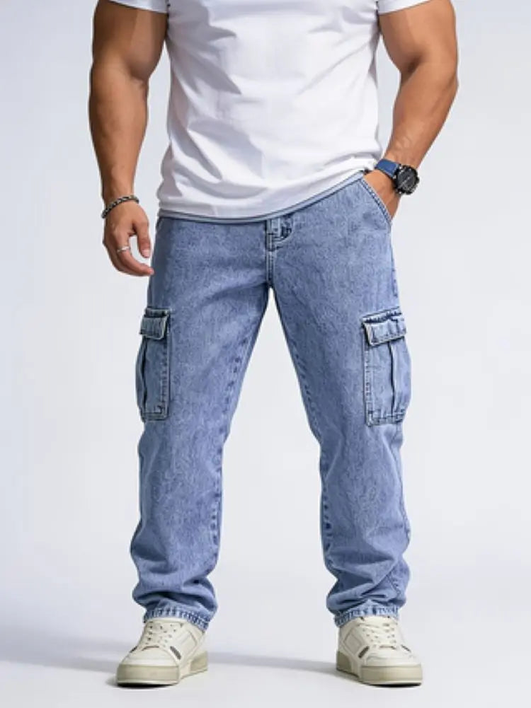 Men's Classic Multi-Pocket Jeans - Casual Street Style Regular Fit, Machine Washable, All-Season Wear, Light Blue Jeans