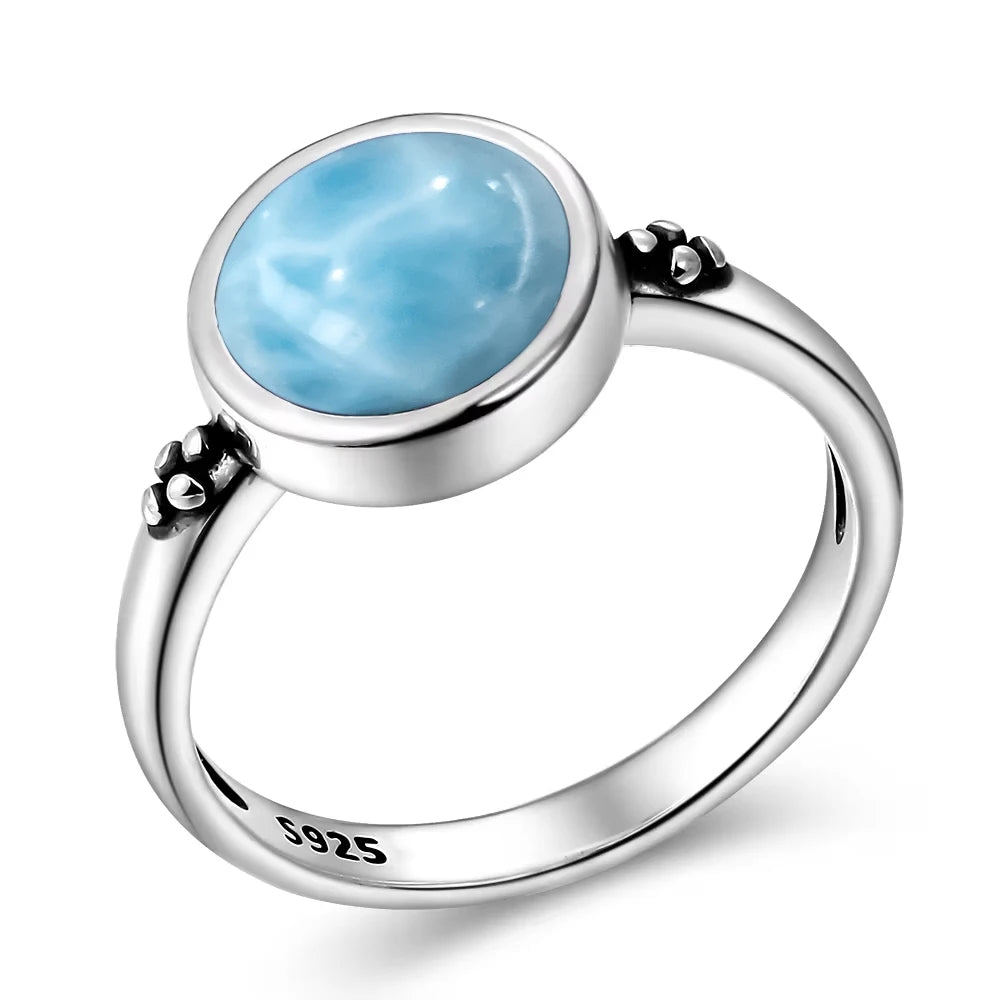 Vintage 925 Silver Ring Natural Larimar Stone Ring Round Flower Shape Sky Blue Summer Ring Fine Jewelry Gift for Men Women